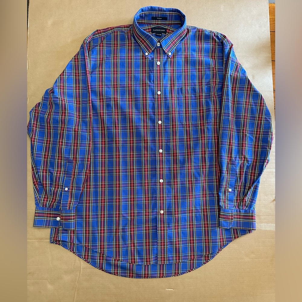 Lands End Blue Red Plaid No Iron Size 17 1/2-35